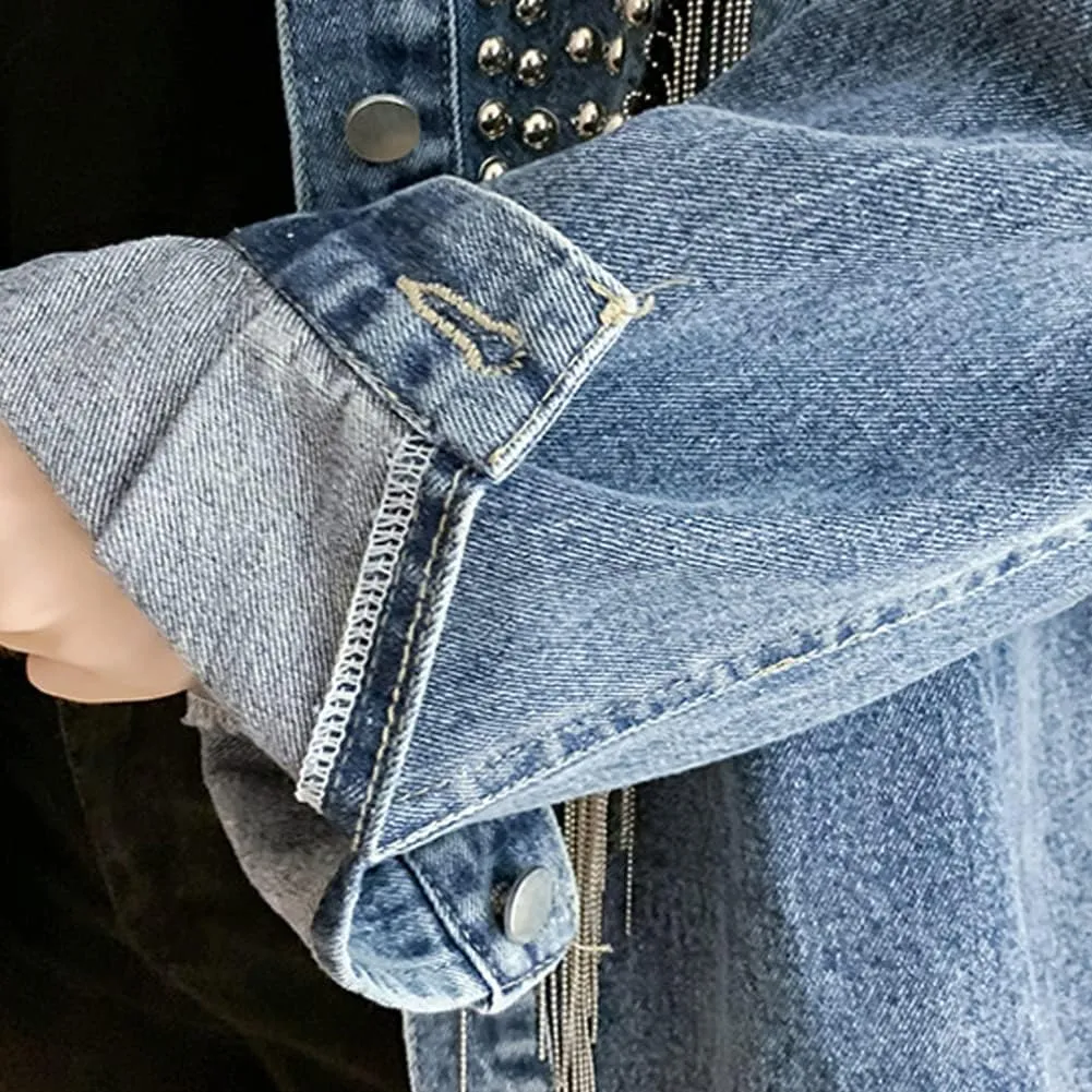 diffstyle Womens Long Sleeve Open Front Embroidered Crystal Washed Denim Jacket Short Jean Coat