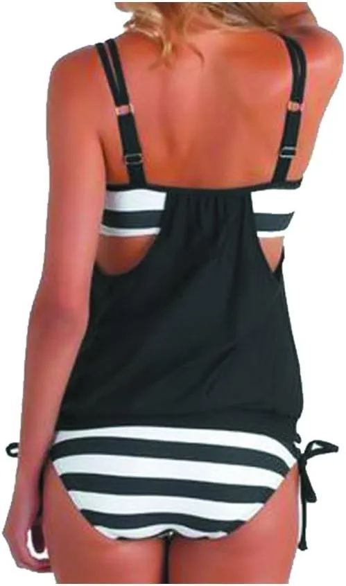 Dokotoo Womens 2024 Fashion Stripes Print Lined Up Double Up Tankini Sets Swimsuits Bathing Suit Swimwear (S-3XL)