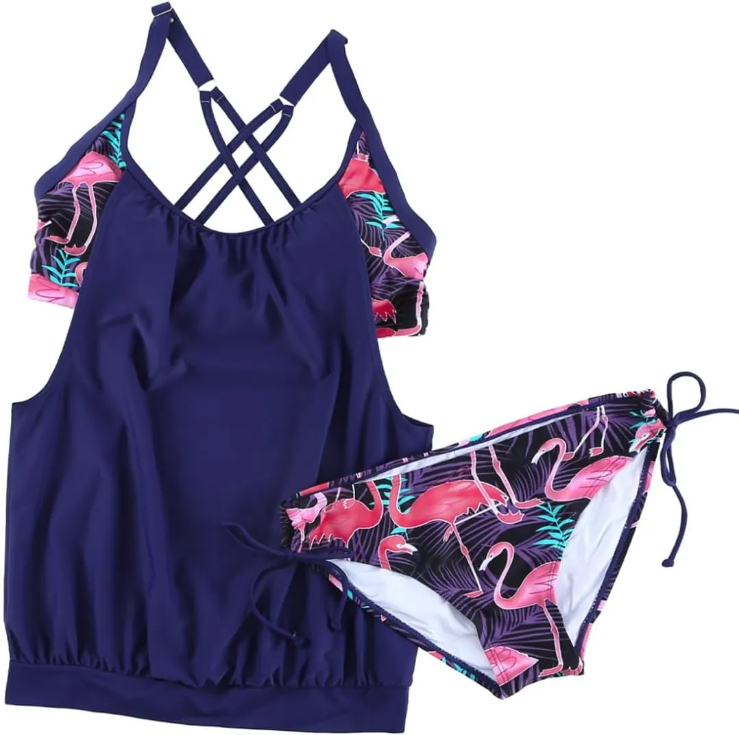 Dokotoo Womens 2024 Fashion Stripes Print Lined Up Double Up Tankini Sets Swimsuits Bathing Suit Swimwear (S-3XL)
