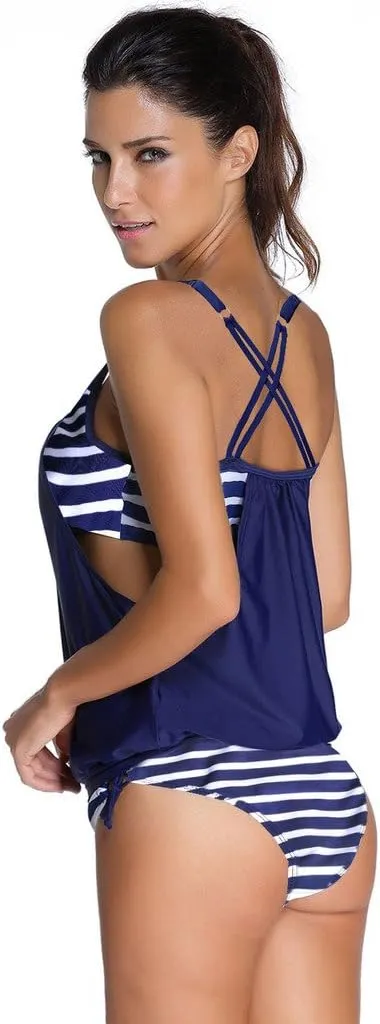 Dokotoo Womens 2024 Fashion Stripes Print Lined Up Double Up Tankini Sets Swimsuits Bathing Suit Swimwear (S-3XL)