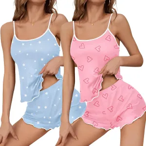 Ekouaer 2 Pack Womens Cami Pajama Sets Cute Print Tank Top Pjs and Shorts Camisole Lounge Set