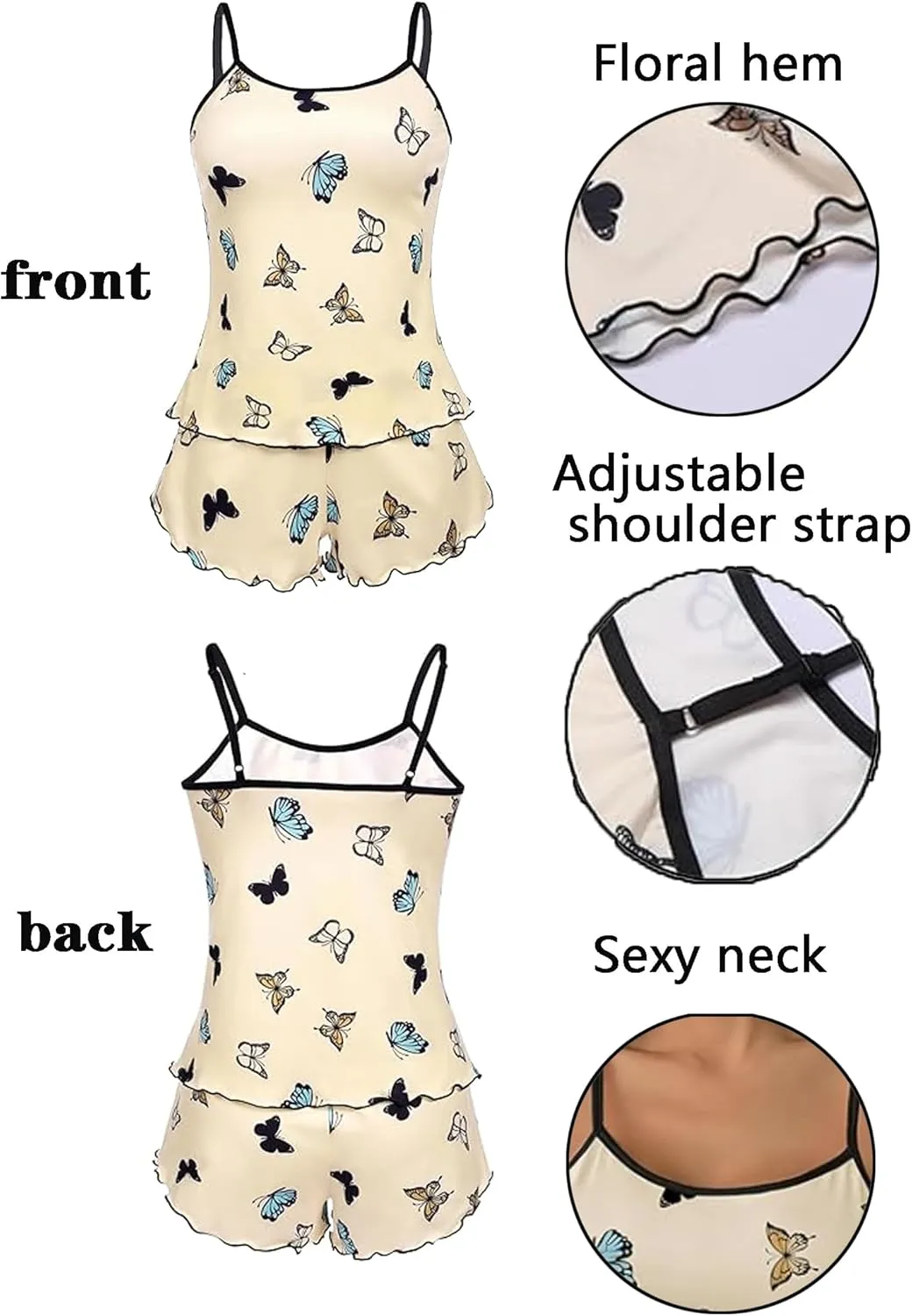 Ekouaer 2 Pack Womens Cami Pajama Sets Cute Print Tank Top Pjs and Shorts Camisole Lounge Set