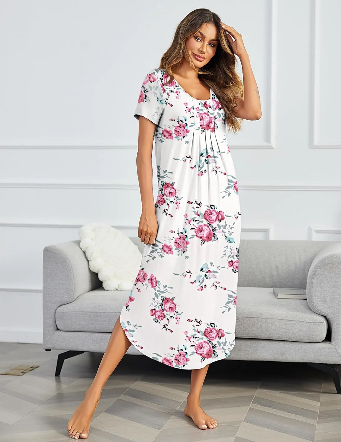Ekouaer Long Nightgowns for Women House Dress Plus Size Sleepwear Pleated Full Length Loungwear S-4XL