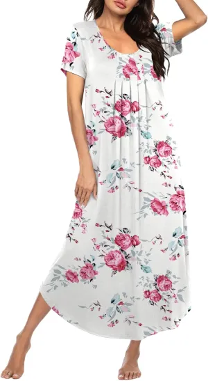 Ekouaer Long Nightgowns for Women House Dress Plus Size Sleepwear Pleated Full Length Loungwear S-4XL