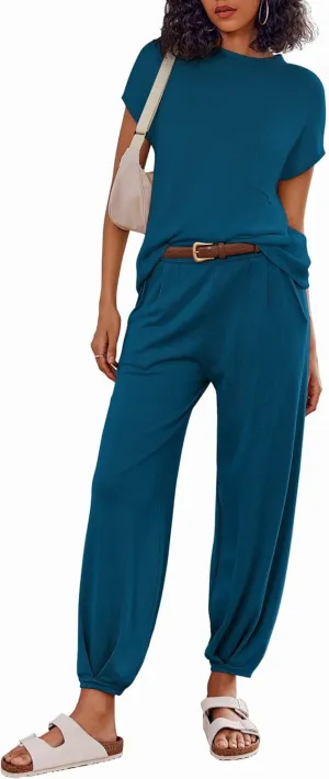 Ekouaer Two Piece Outfits Lounge Sets for Women Sweater Sets Knit Short Sleeve Tops Jogger Pants Matching Tracksuit