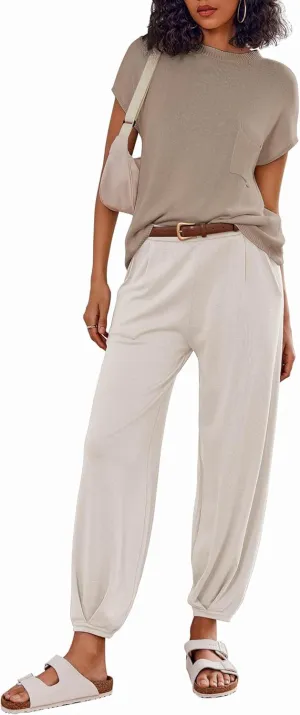 Ekouaer Two Piece Outfits Lounge Sets for Women Sweater Sets Knit Short Sleeve Tops Jogger Pants Matching Tracksuit