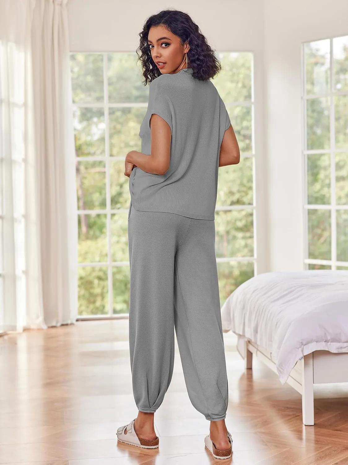 Ekouaer Two Piece Outfits Lounge Sets for Women Sweater Sets Knit Short Sleeve Tops Jogger Pants Matching Tracksuit