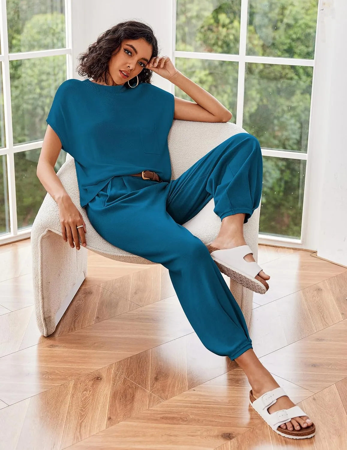 Ekouaer Two Piece Outfits Lounge Sets for Women Sweater Sets Knit Short Sleeve Tops Jogger Pants Matching Tracksuit