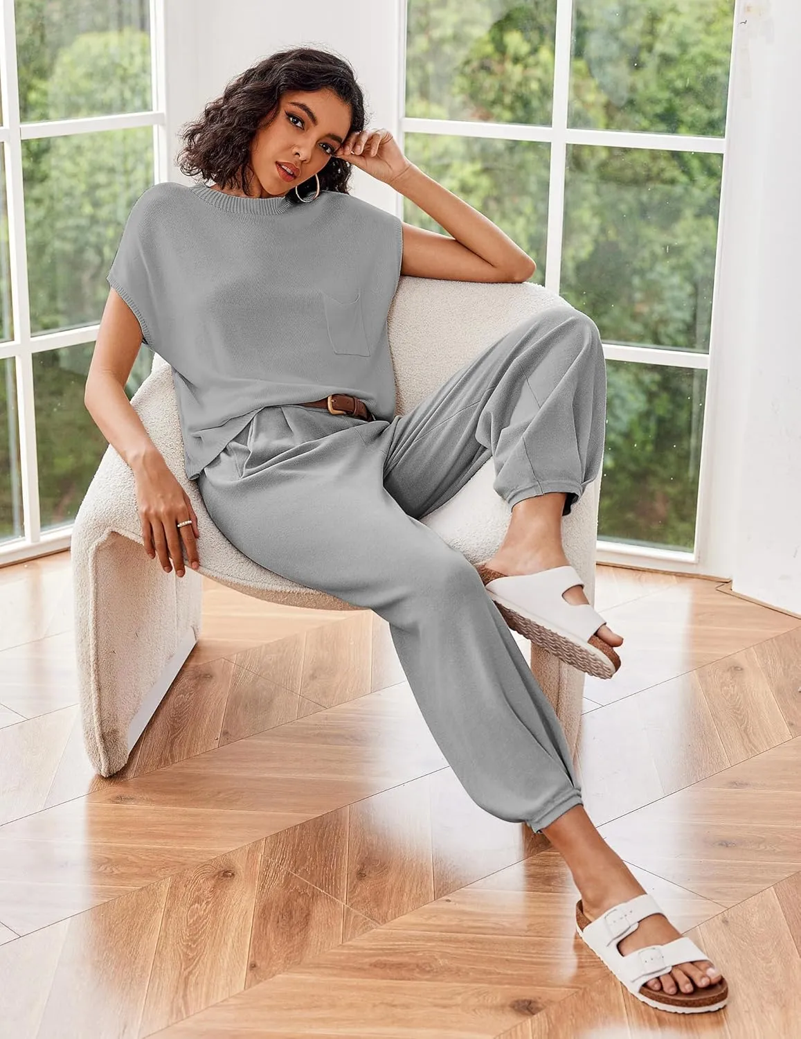 Ekouaer Two Piece Outfits Lounge Sets for Women Sweater Sets Knit Short Sleeve Tops Jogger Pants Matching Tracksuit