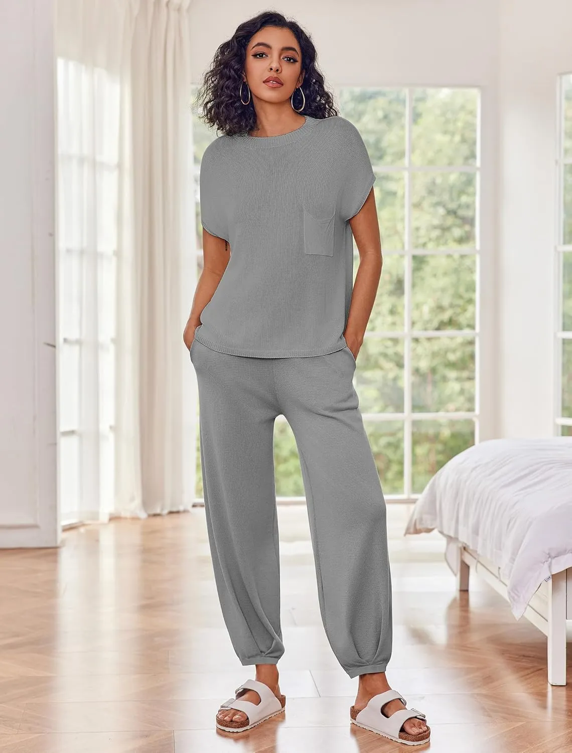 Ekouaer Two Piece Outfits Lounge Sets for Women Sweater Sets Knit Short Sleeve Tops Jogger Pants Matching Tracksuit