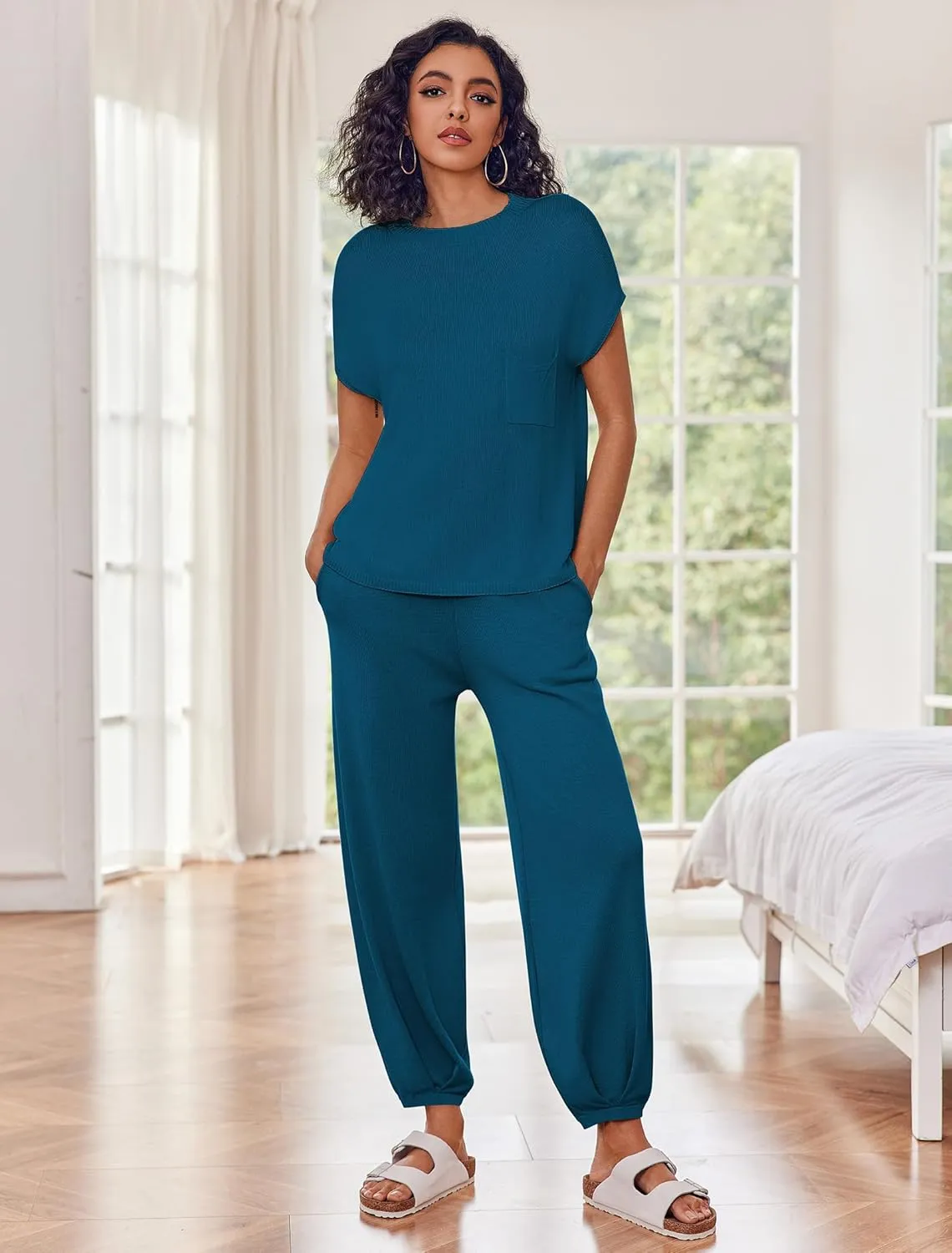 Ekouaer Two Piece Outfits Lounge Sets for Women Sweater Sets Knit Short Sleeve Tops Jogger Pants Matching Tracksuit