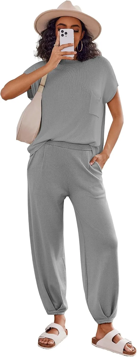 Ekouaer Two Piece Outfits Lounge Sets for Women Sweater Sets Knit Short Sleeve Tops Jogger Pants Matching Tracksuit