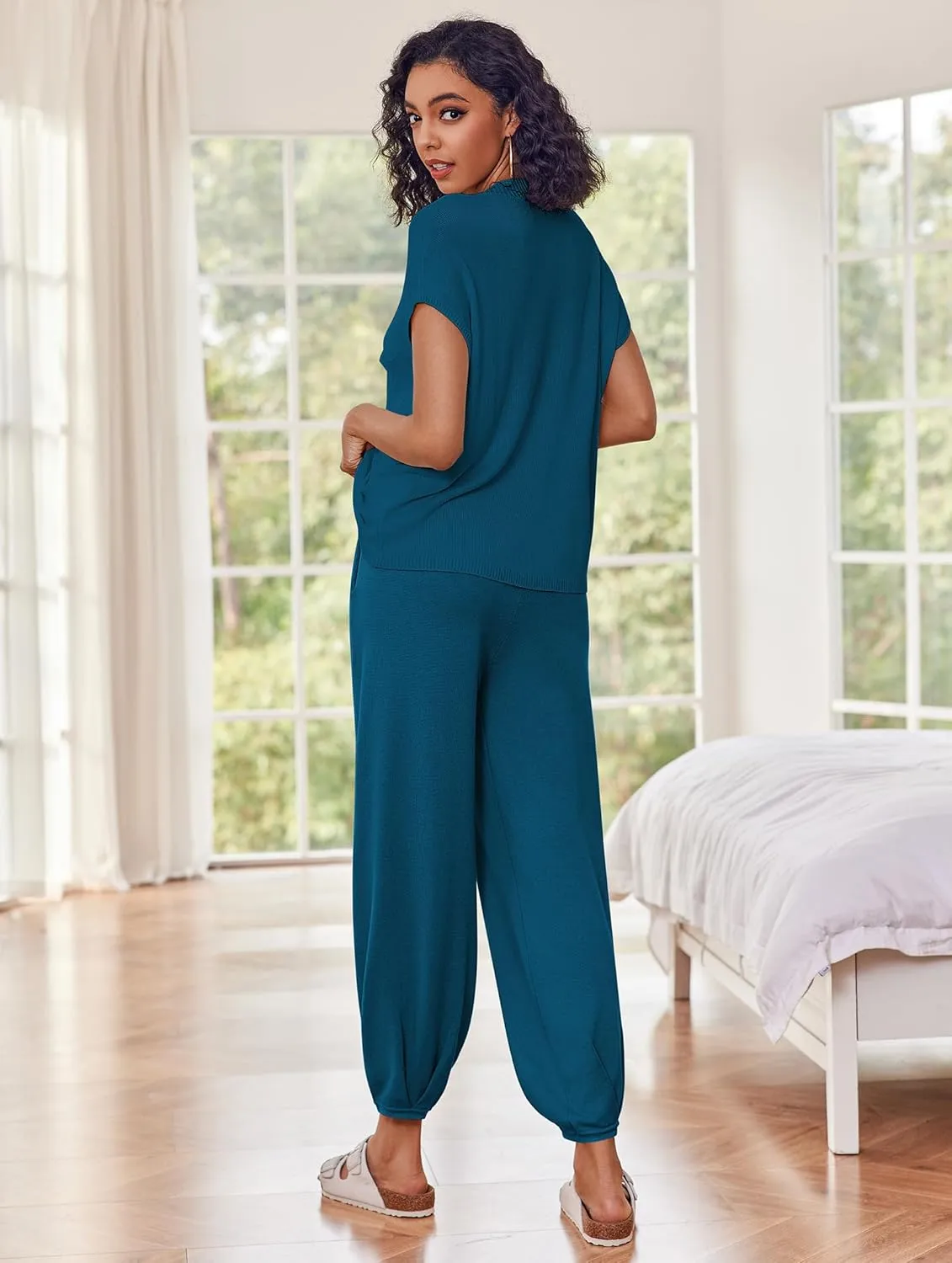 Ekouaer Two Piece Outfits Lounge Sets for Women Sweater Sets Knit Short Sleeve Tops Jogger Pants Matching Tracksuit