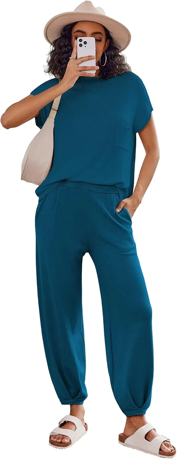 Ekouaer Two Piece Outfits Lounge Sets for Women Sweater Sets Knit Short Sleeve Tops Jogger Pants Matching Tracksuit