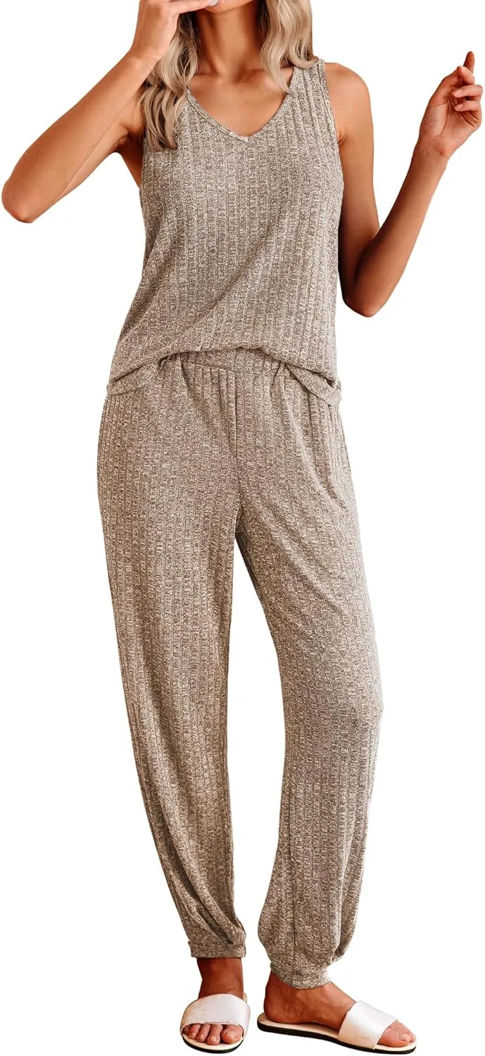 Ekouaer Women's Pajamas Sleeveless Summer Lounge Set Ribbed Knit Pj Loungewear Soft Tank Sleepwear Nightwear S-XXL