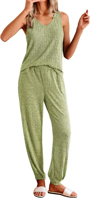 Ekouaer Women's Pajamas Sleeveless Summer Lounge Set Ribbed Knit Pj Loungewear Soft Tank Sleepwear Nightwear S-XXL