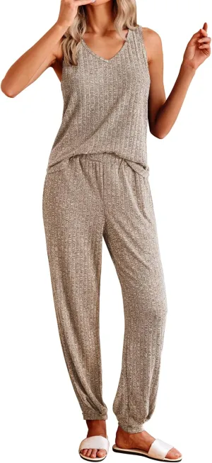 Ekouaer Women's Pajamas Sleeveless Summer Lounge Set Ribbed Knit Pj Loungewear Soft Tank Sleepwear Nightwear S-XXL