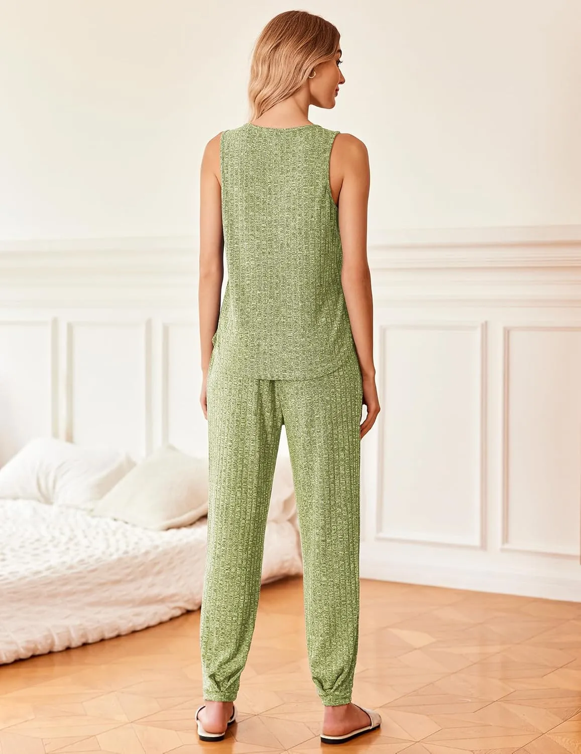 Ekouaer Women's Pajamas Sleeveless Summer Lounge Set Ribbed Knit Pj Loungewear Soft Tank Sleepwear Nightwear S-XXL