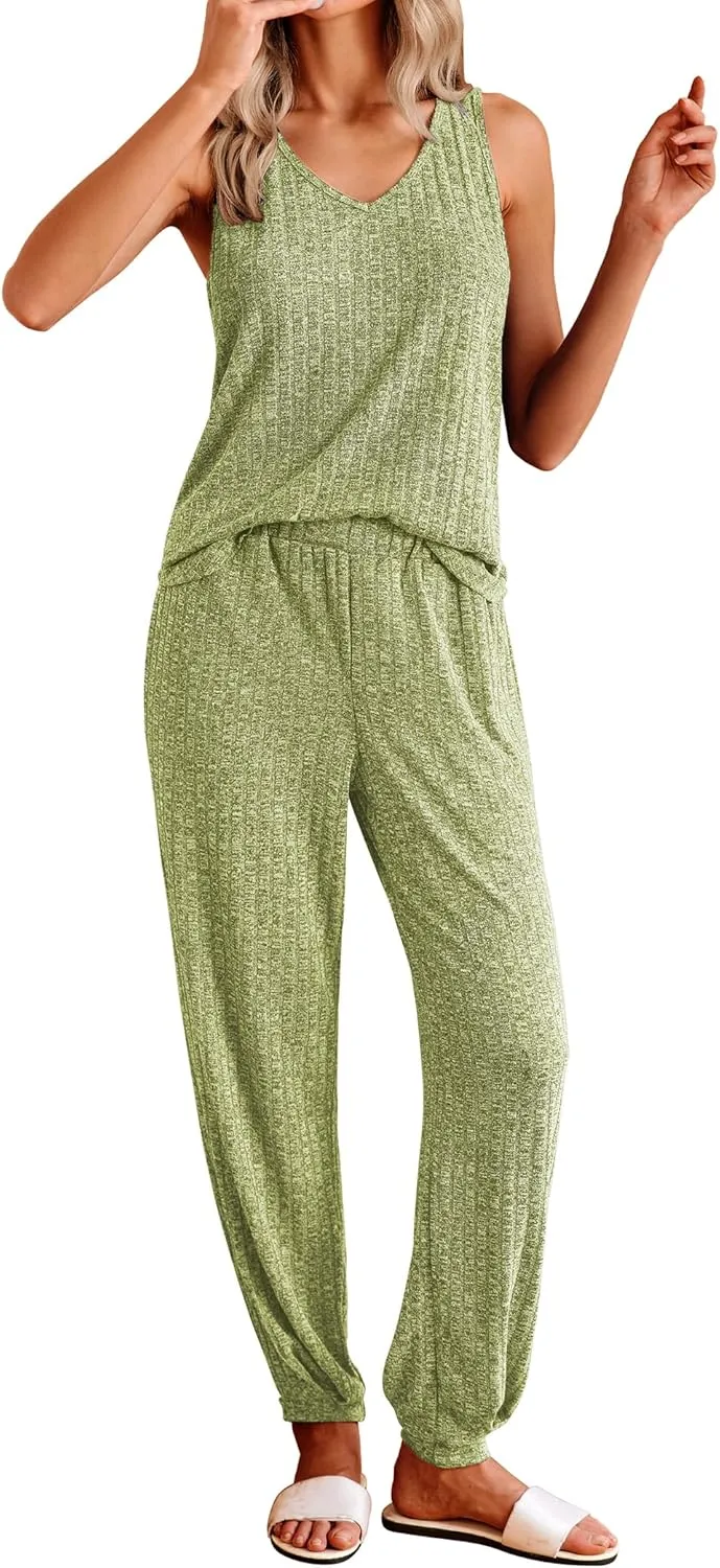 Ekouaer Women's Pajamas Sleeveless Summer Lounge Set Ribbed Knit Pj Loungewear Soft Tank Sleepwear Nightwear S-XXL