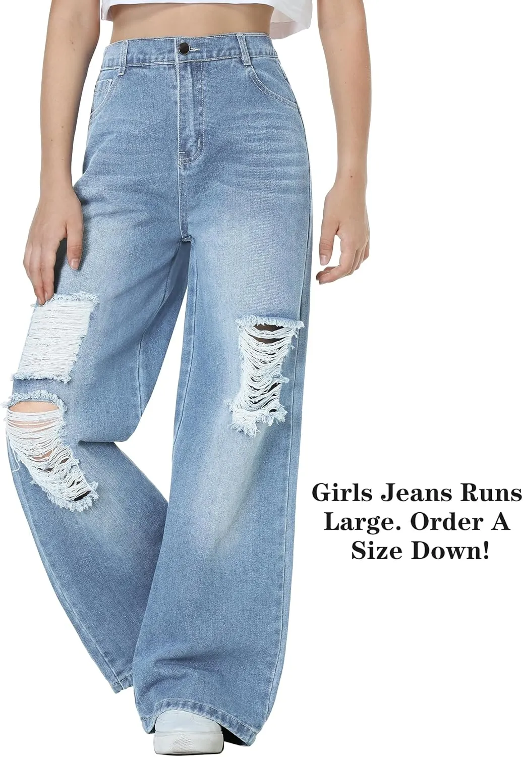EXARUS Girls Jeans Wide Leg/Flare/Skinny Denim Pants Ripped Baggy High Waisted with Pockets Teen Casual Kids 6-14Y
