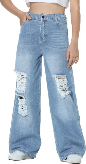 EXARUS Girls Jeans Wide Leg/Flare/Skinny Denim Pants Ripped Baggy High Waisted with Pockets Teen Casual Kids 6-14Y