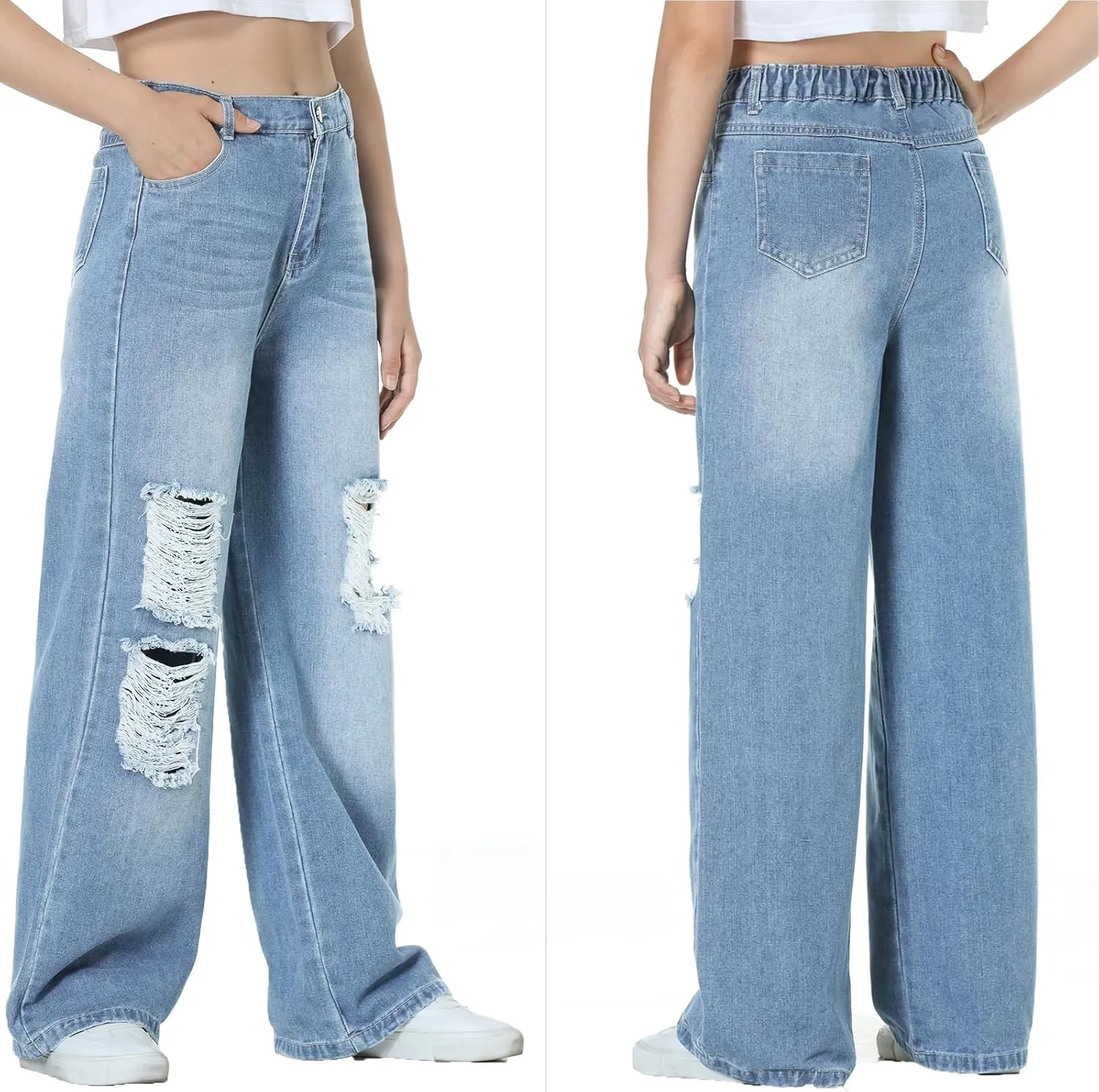 EXARUS Girls Jeans Wide Leg/Flare/Skinny Denim Pants Ripped Baggy High Waisted with Pockets Teen Casual Kids 6-14Y