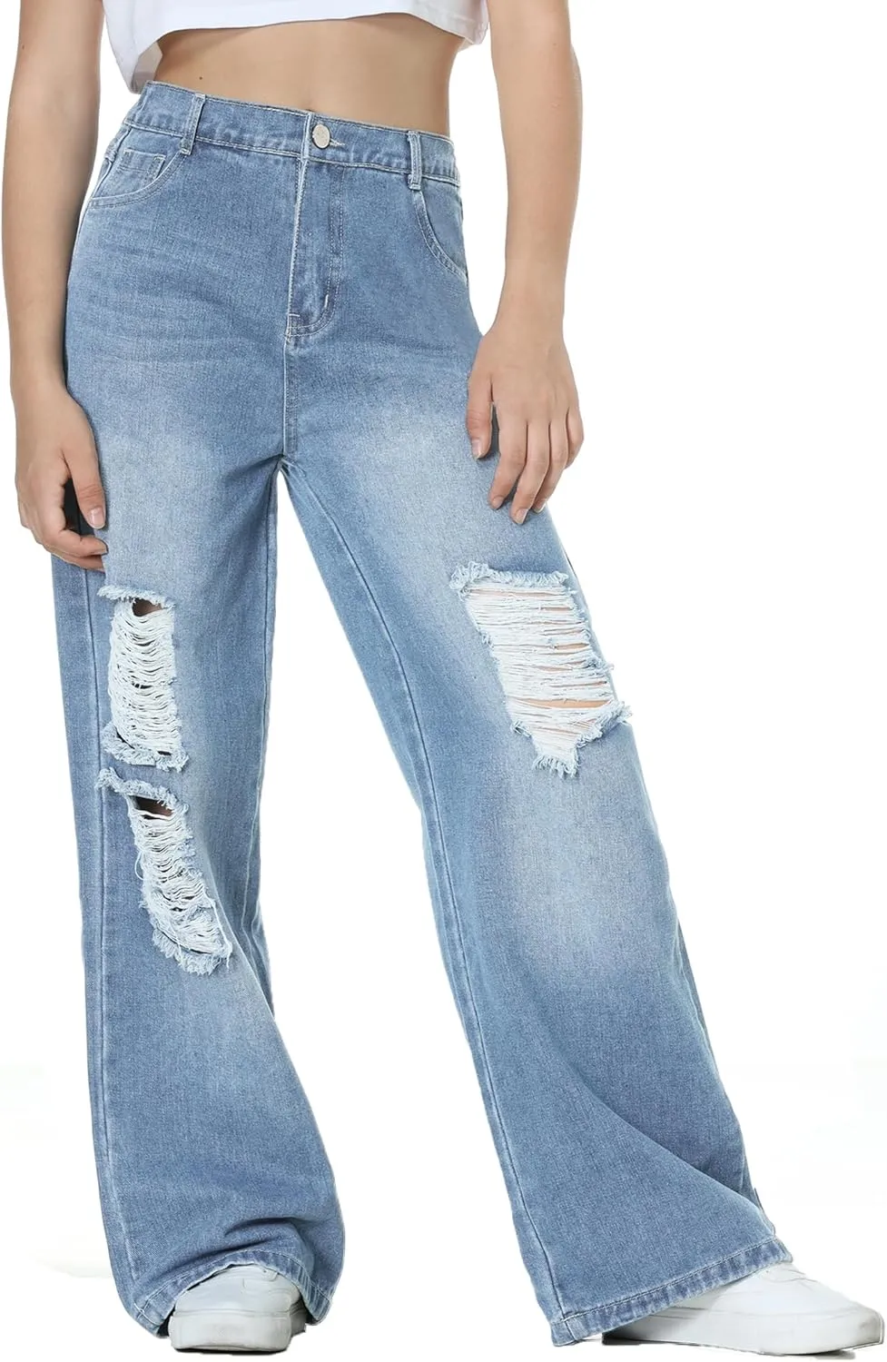 EXARUS Girls Jeans Wide Leg/Flare/Skinny Denim Pants Ripped Baggy High Waisted with Pockets Teen Casual Kids 6-14Y