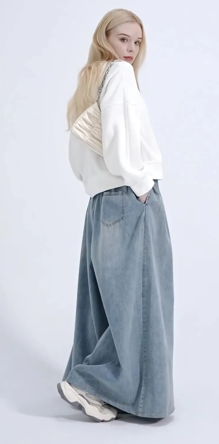 Extra Wide Leg Denim Pants for Women Long Jeans Elastic Waist with Pockets Plus Size Loose Casual
