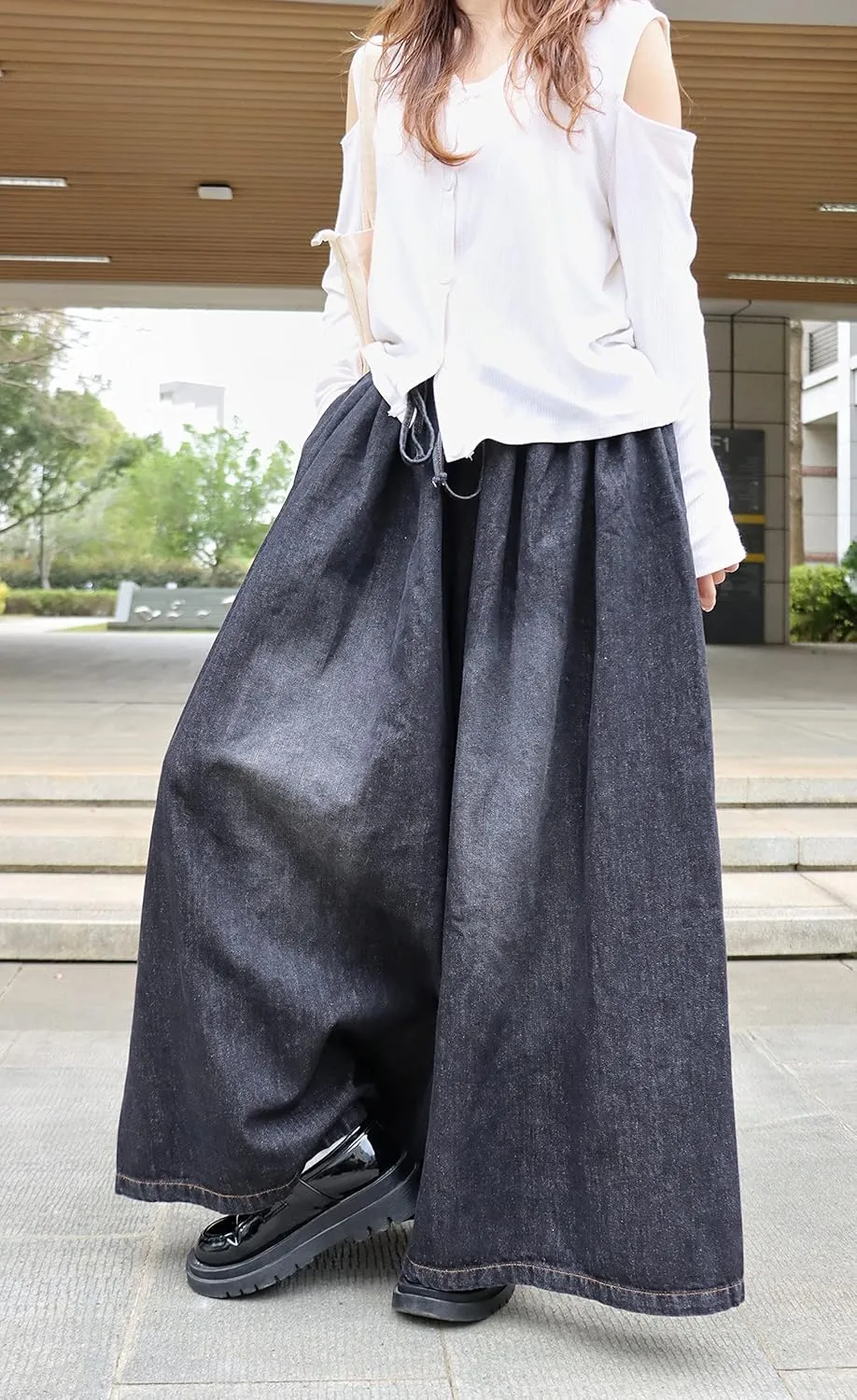 Extra Wide Leg Denim Pants for Women Long Jeans Elastic Waist with Pockets Plus Size Loose Casual