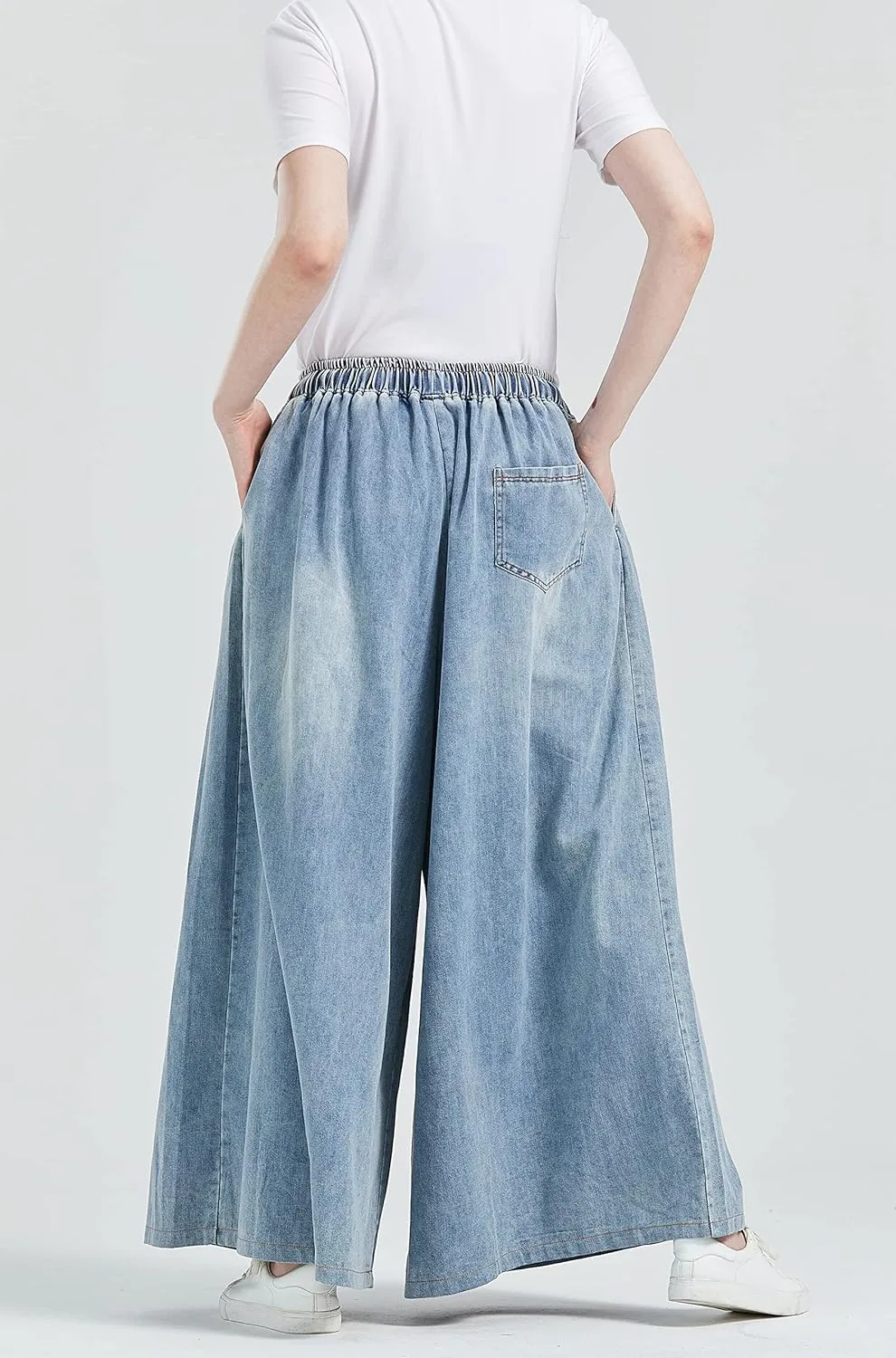 Extra Wide Leg Denim Pants for Women Long Jeans Elastic Waist with Pockets Plus Size Loose Casual