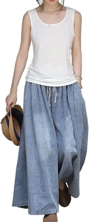 Extra Wide Leg Denim Pants for Women Long Jeans Elastic Waist with Pockets Plus Size Loose Casual