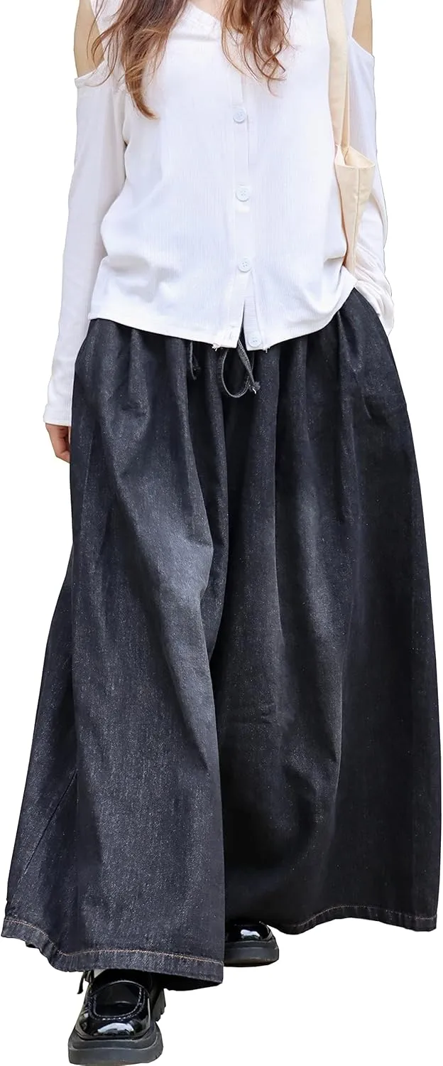 Extra Wide Leg Denim Pants for Women Long Jeans Elastic Waist with Pockets Plus Size Loose Casual