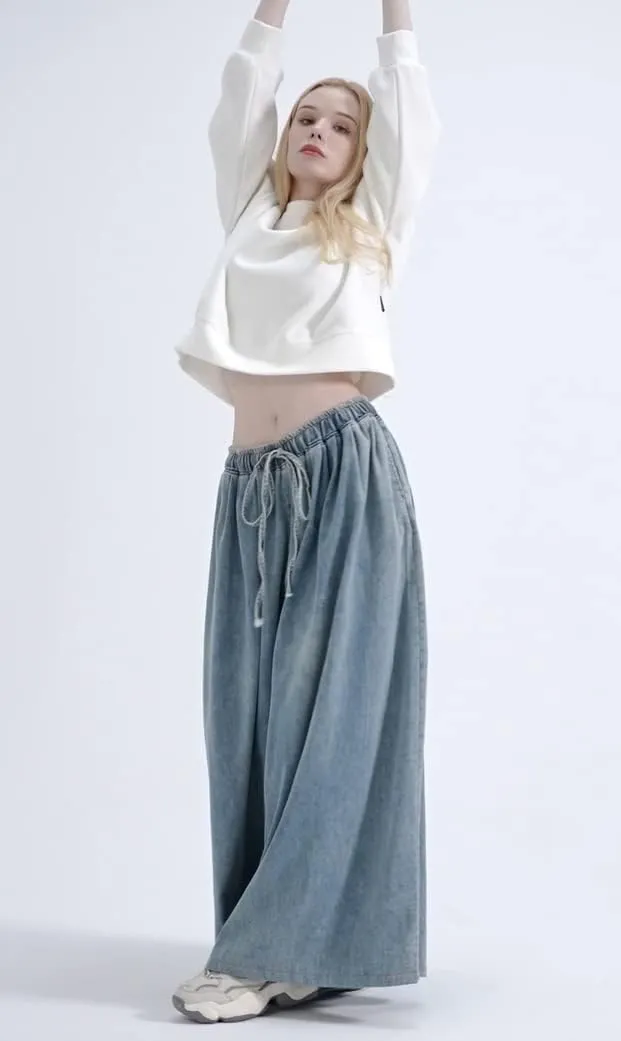 Extra Wide Leg Denim Pants for Women Long Jeans Elastic Waist with Pockets Plus Size Loose Casual