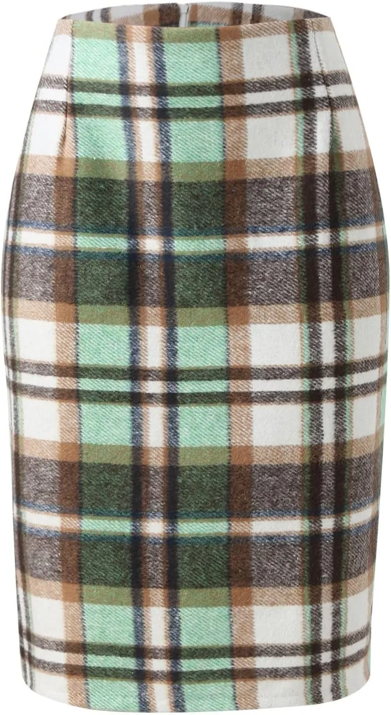 Fall Pencil Plaid Skirts for Women Fall Winter High Waisted Bodycon Skirt Knee Length Wool Midi Skirt Pleated