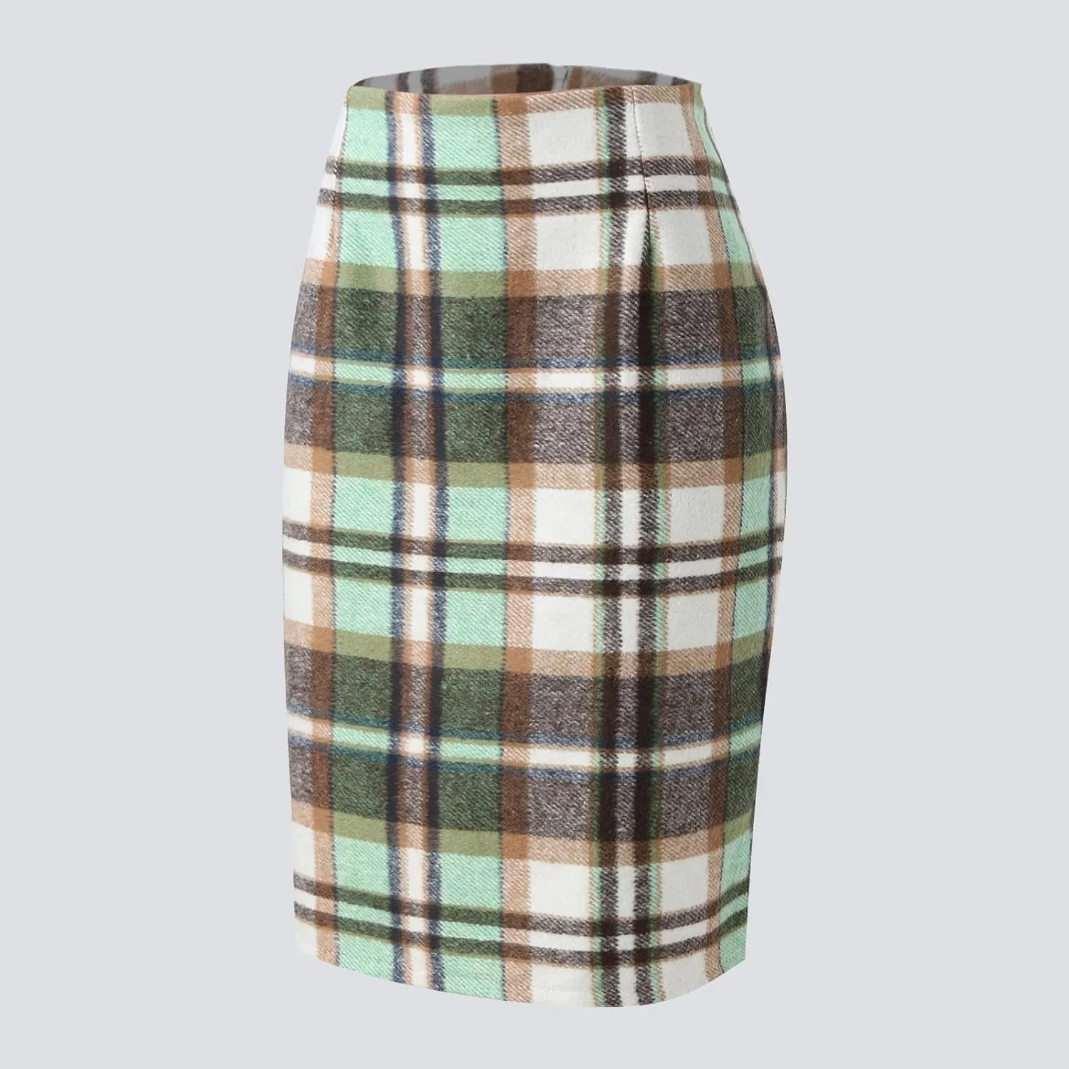 Fall Pencil Plaid Skirts for Women Fall Winter High Waisted Bodycon Skirt Knee Length Wool Midi Skirt Pleated