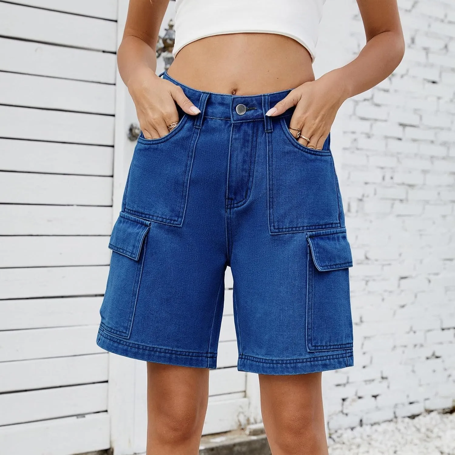 fanmpghleoo Jorts Women Baggy Mid Thigh High Waisted Jean Shorts Wide Leg Denim Bermuda Shorts Knee Length Cowboy Cargo Pants