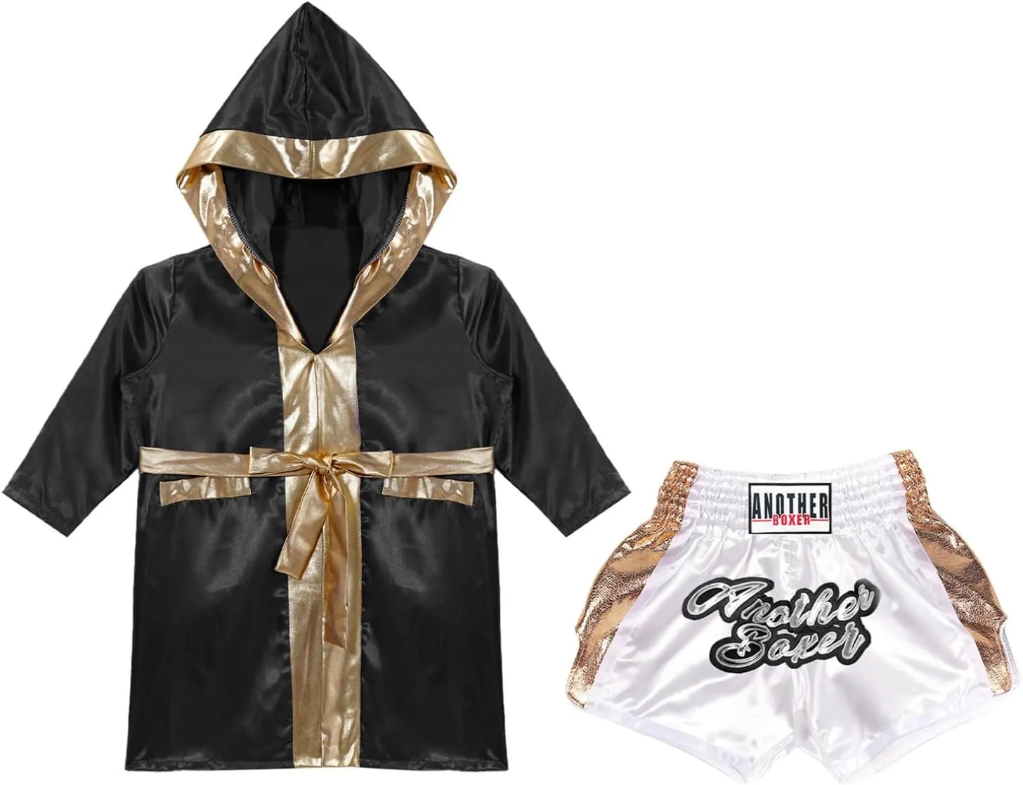 FEESHOW Kids Boys Boxing Costume Satin Hooded Boxing Robes Cloak with Shorts Set for Muay Thai Kickboxing