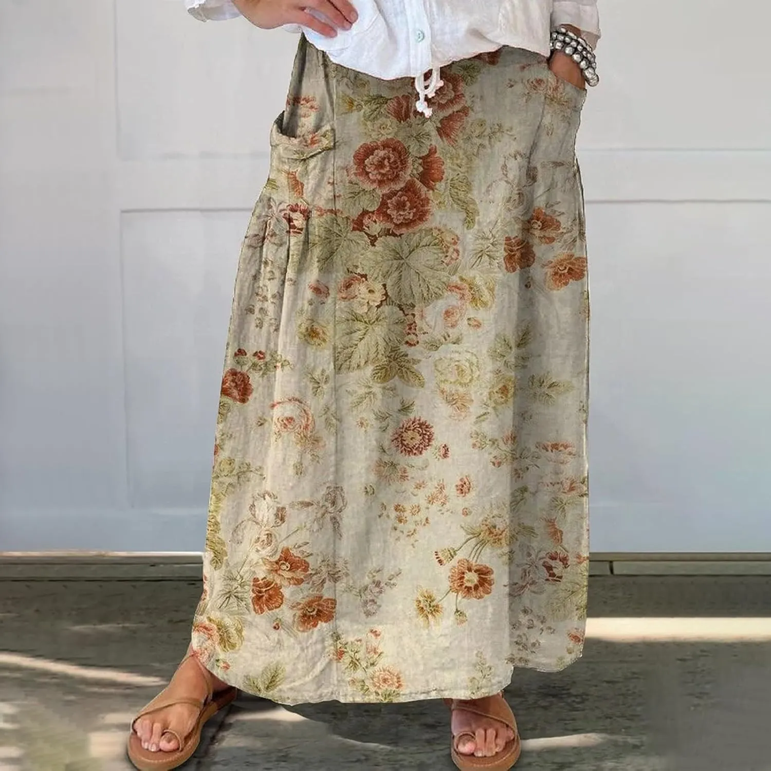 Flowy Long Maxi Skirts for Women Boho Floral Elastic High Waisted Tiered Pleated Summer Casual Beach Skirt