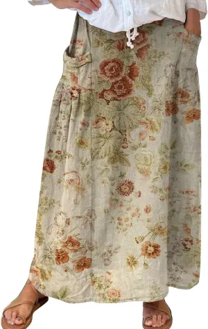 Flowy Long Maxi Skirts for Women Boho Floral Elastic High Waisted Tiered Pleated Summer Casual Beach Skirt