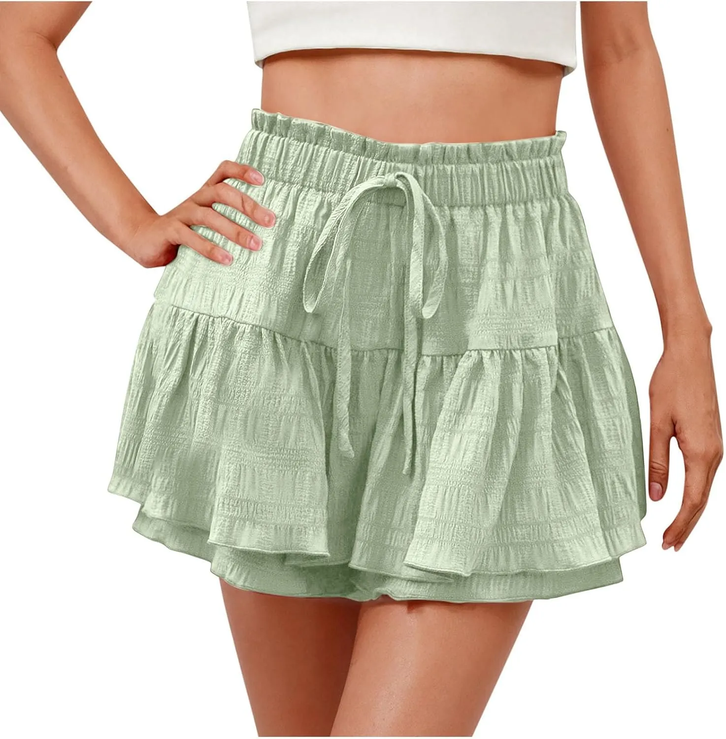 Flowy Shorts for Women Casual Boho Ruffle Tiered Skorts High Waisted Ruffle Tennis Skirts Drawstring Summer Skirt