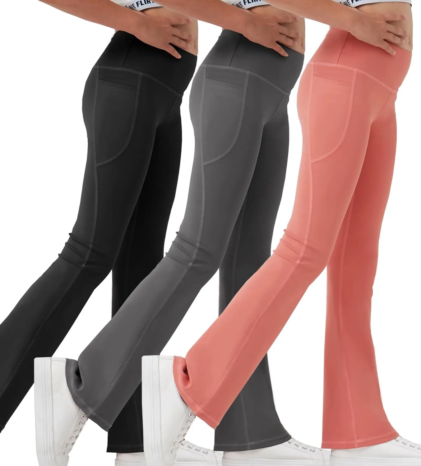 Girls Flare Leggings Bootcut Yoga Pants for Youth with Pocket Bell Bottom High Waist Athletic Workout Tights 3 Pack