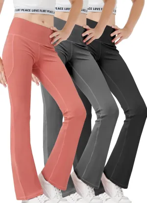 Girls Flare Leggings Bootcut Yoga Pants for Youth with Pocket Bell Bottom High Waist Athletic Workout Tights 3 Pack