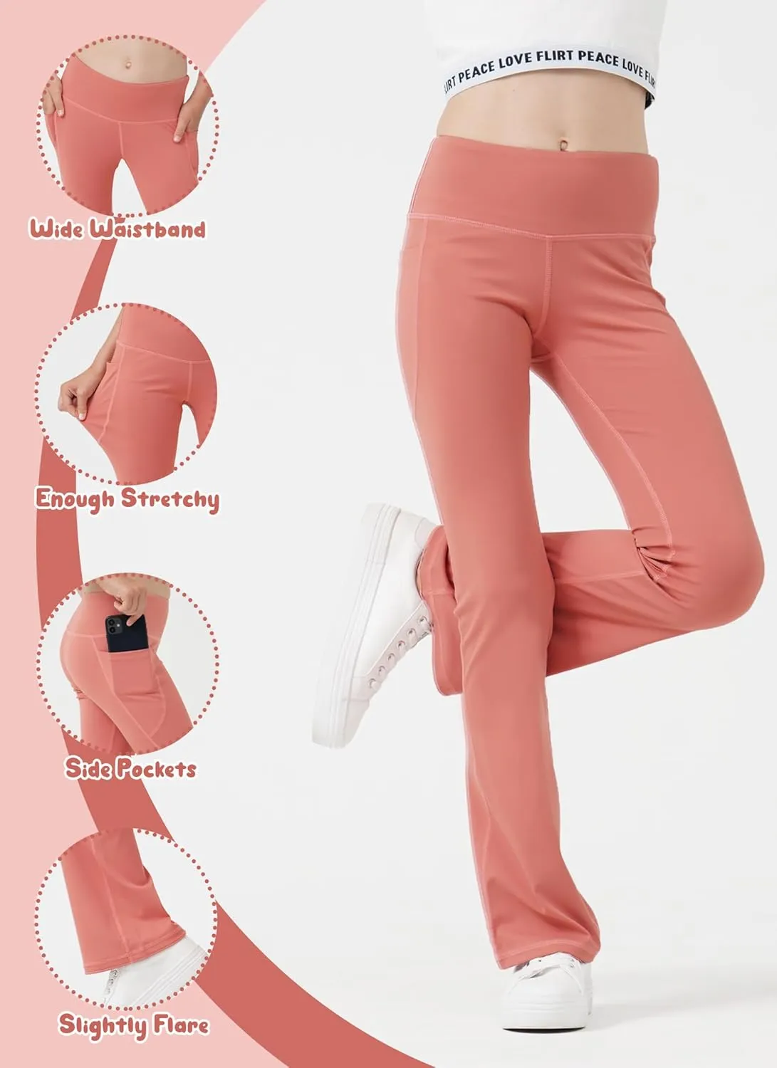 Girls Flare Leggings Bootcut Yoga Pants for Youth with Pocket Bell Bottom High Waist Athletic Workout Tights 3 Pack