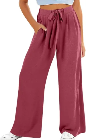 Girls Wide Leg Palazzo Pants Cotton Linen Summer High Waist Flowy Casual Trousers Loose Beach Travel Vacation Clothes
