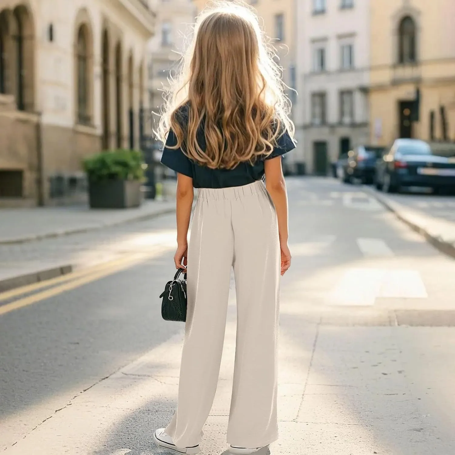 Girls Wide Leg Palazzo Pants Cotton Linen Summer High Waist Flowy Casual Trousers Loose Beach Travel Vacation Clothes