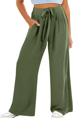 Girls Wide Leg Palazzo Pants Cotton Linen Summer High Waist Flowy Casual Trousers Loose Beach Travel Vacation Clothes