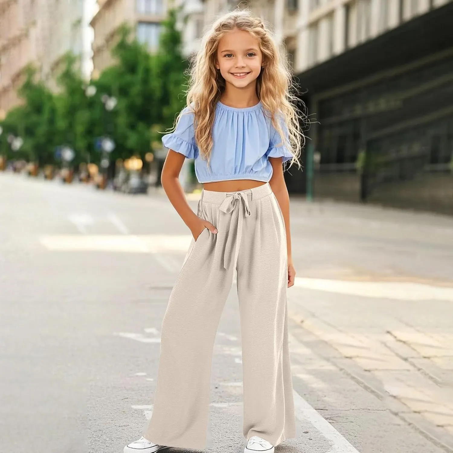 Girls Wide Leg Palazzo Pants Cotton Linen Summer High Waist Flowy Casual Trousers Loose Beach Travel Vacation Clothes