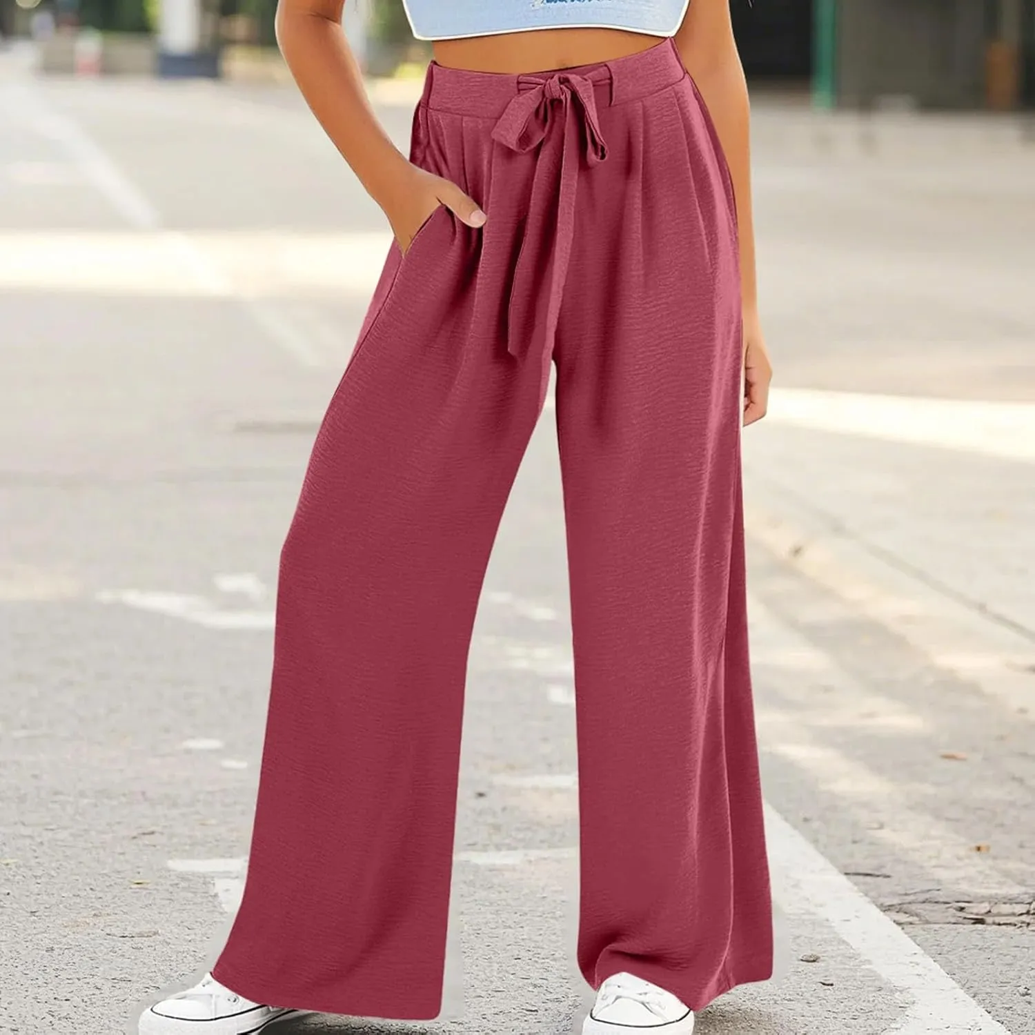 Girls Wide Leg Palazzo Pants Cotton Linen Summer High Waist Flowy Casual Trousers Loose Beach Travel Vacation Clothes