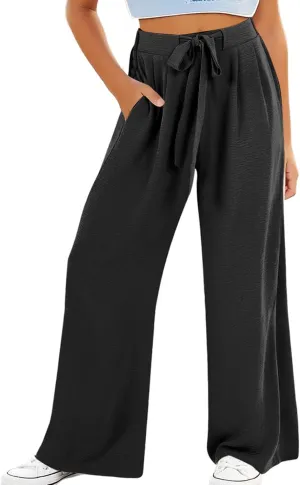 Girls Wide Leg Palazzo Pants Cotton Linen Summer High Waist Flowy Casual Trousers Loose Beach Travel Vacation Clothes
