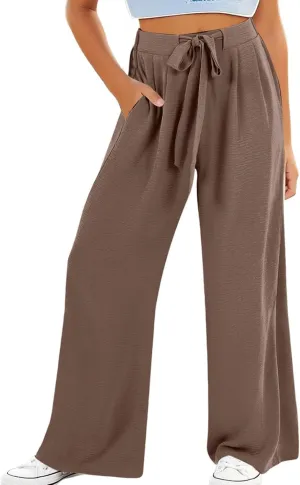 Girls Wide Leg Palazzo Pants Cotton Linen Summer High Waist Flowy Casual Trousers Loose Beach Travel Vacation Clothes